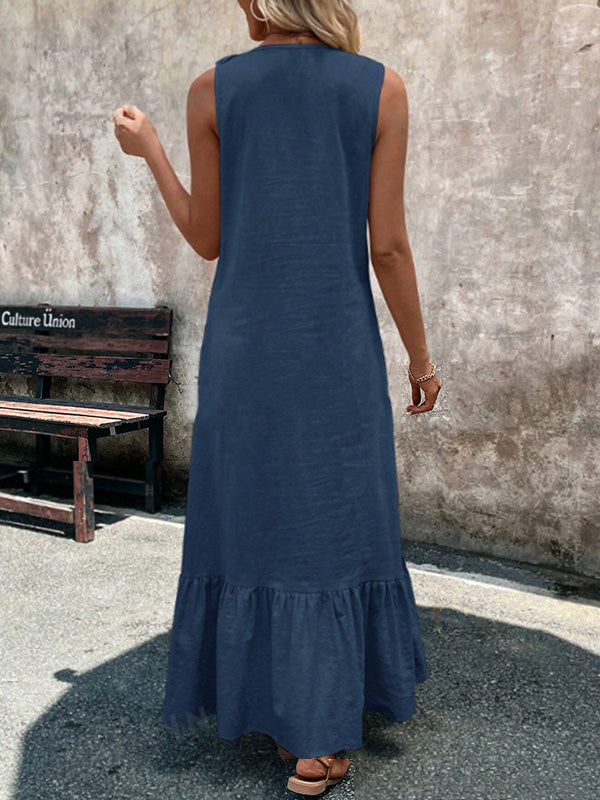 Ruffle Trim Solid Color V-Neck Maxi Dresses