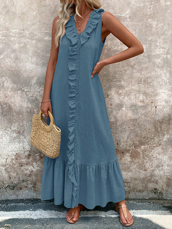 Ruffle Trim Solid Color V-Neck Maxi Dresses
