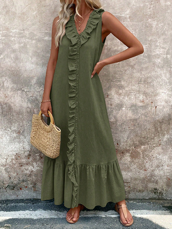 Ruffle Trim Solid Color V-Neck Maxi Dresses