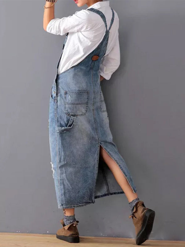 Culture® | Back Slit Distressed Denim Overalls Dress