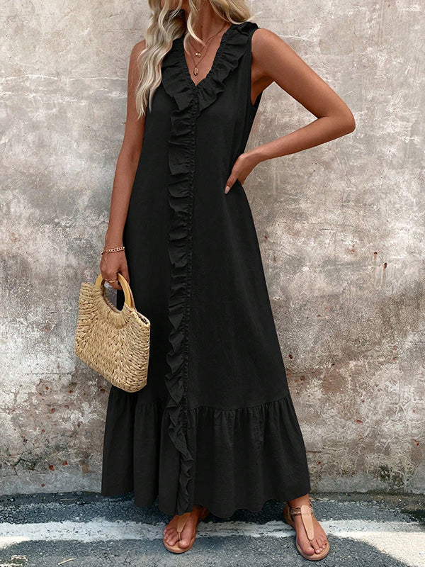 Ruffle Trim Solid Color V-Neck Maxi Dresses