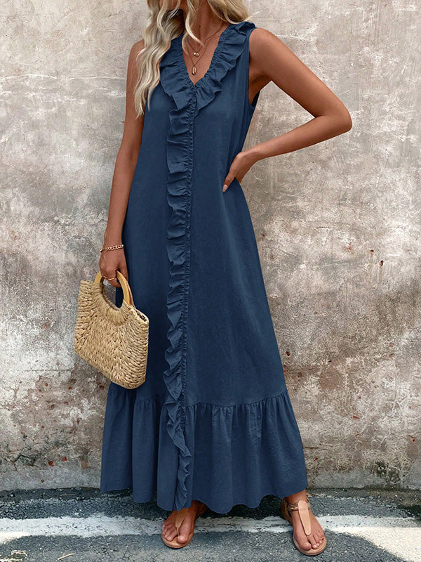 Ruffle Trim Solid Color V-Neck Maxi Dresses