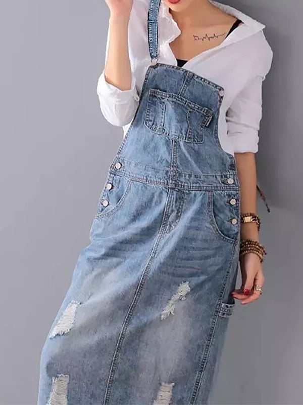 Culture® | Back Slit Distressed Denim Overalls Dress