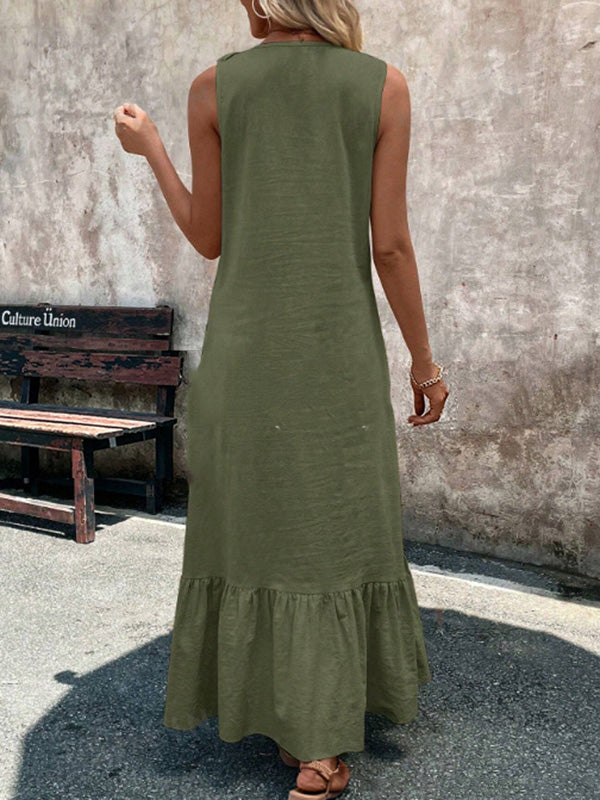 Ruffle Trim Solid Color V-Neck Maxi Dresses
