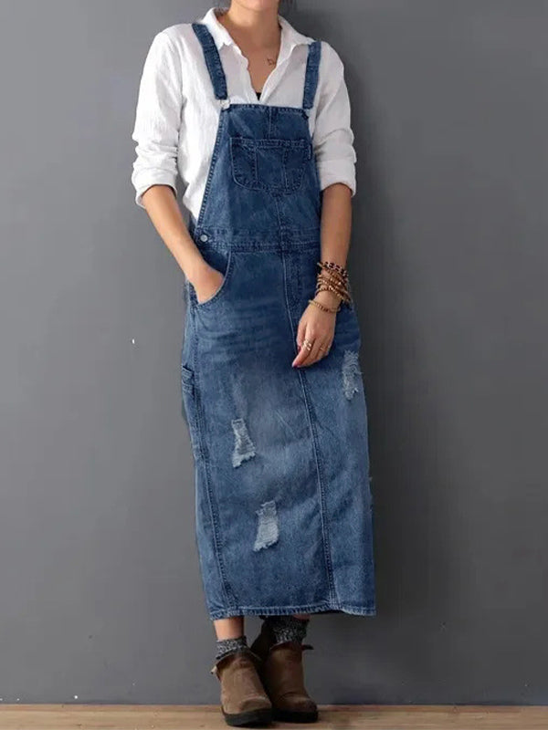 Culture® | Back Slit Distressed Denim Overalls Dress