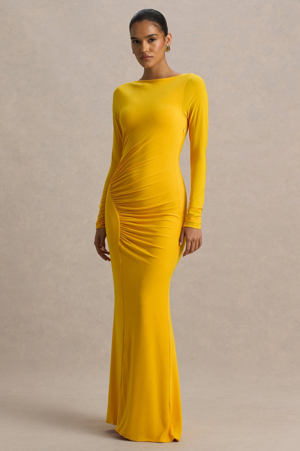 Culture® | Yellow Slashed-Neck Maxi Dress With Ruched Detailing