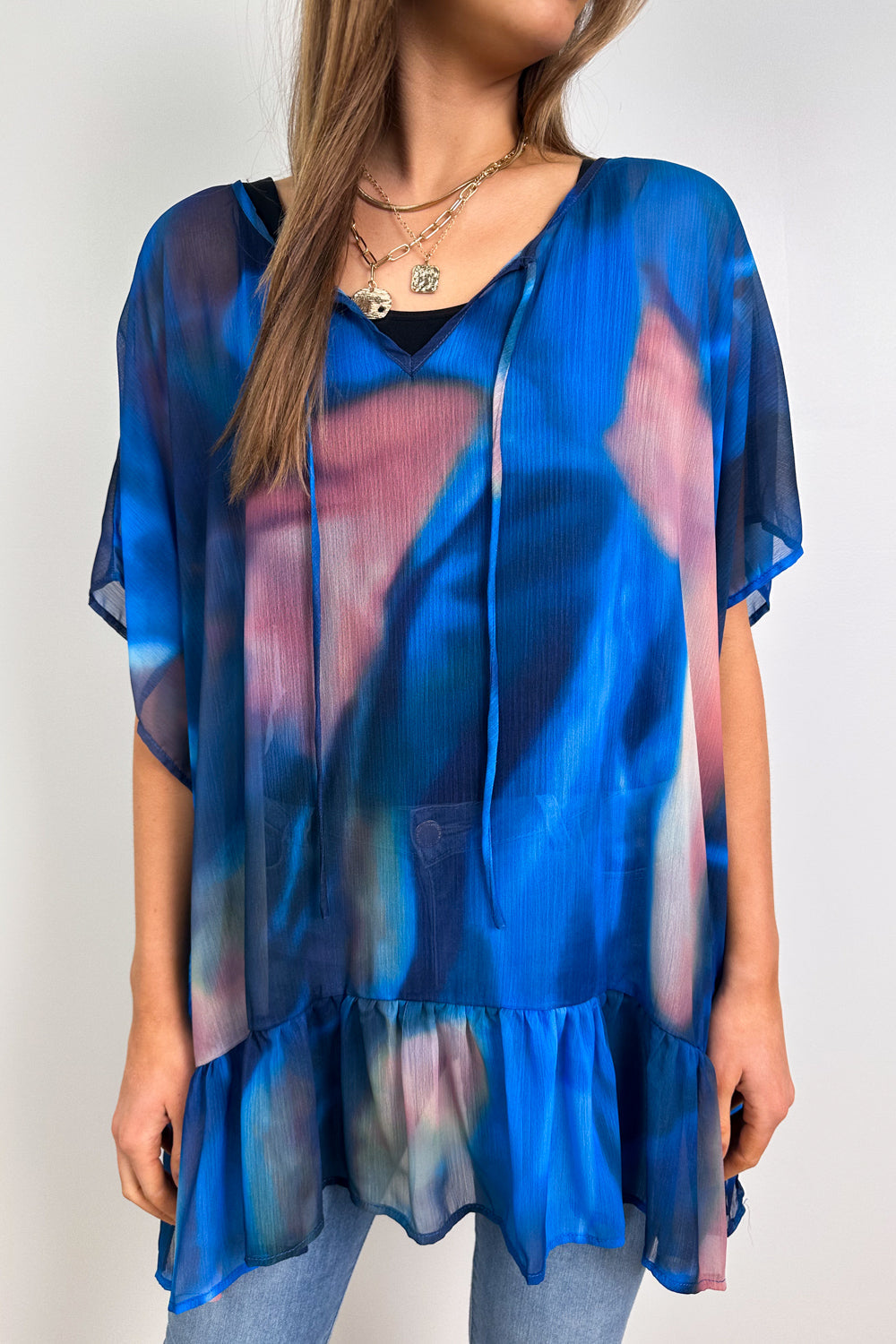 Corinne | Oversized Sheer Ruffle-Hem Top