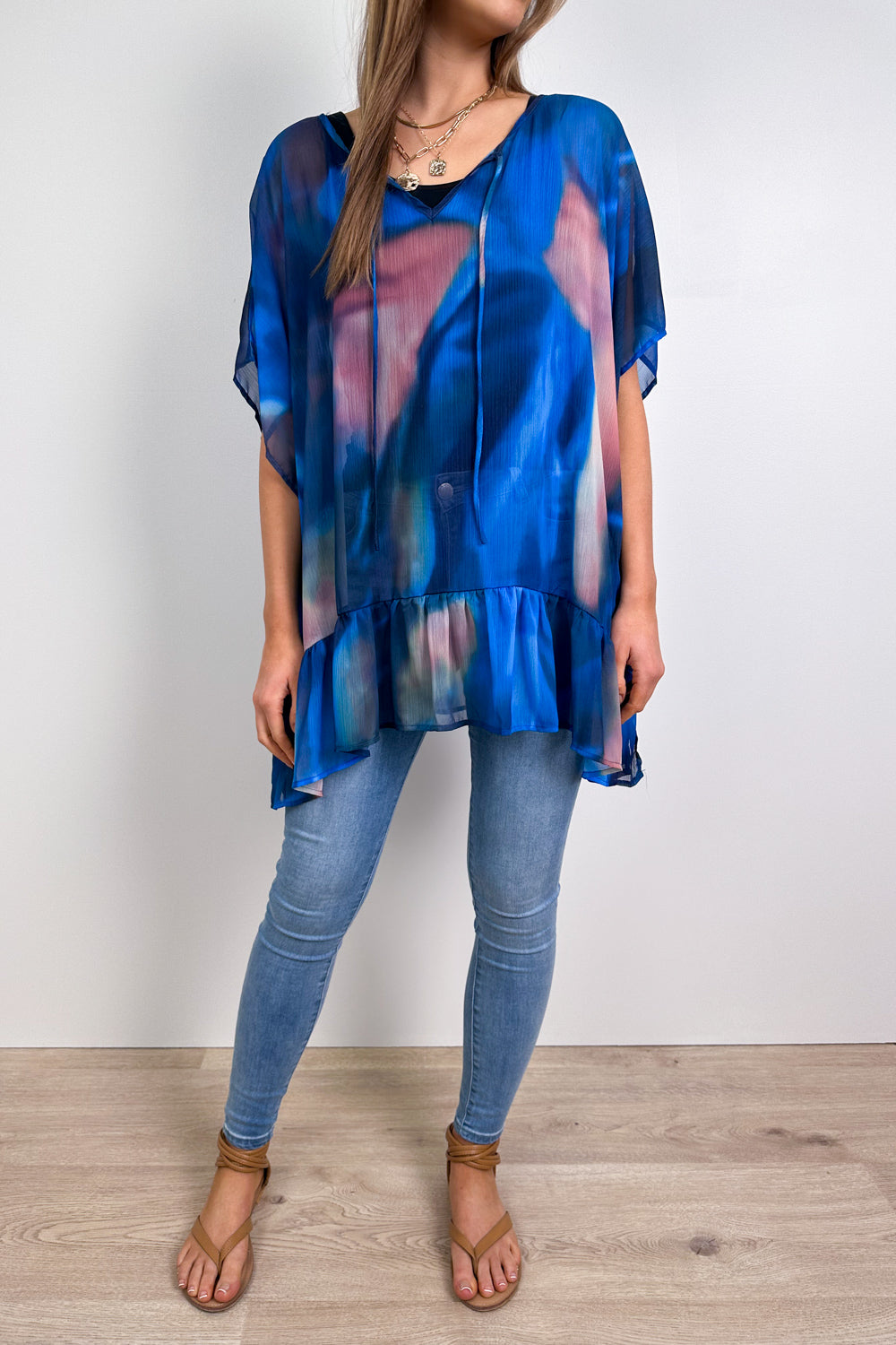 Corinne | Oversized Sheer Ruffle-Hem Top