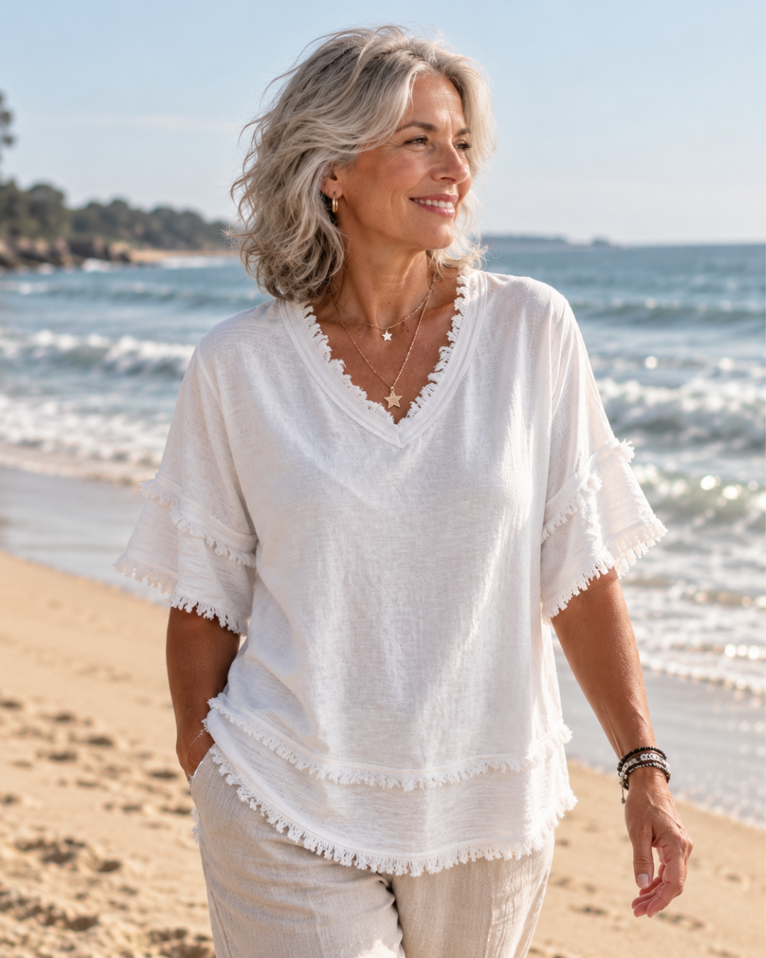 Sara | Vintage Frayed V-Neck Linen Top
