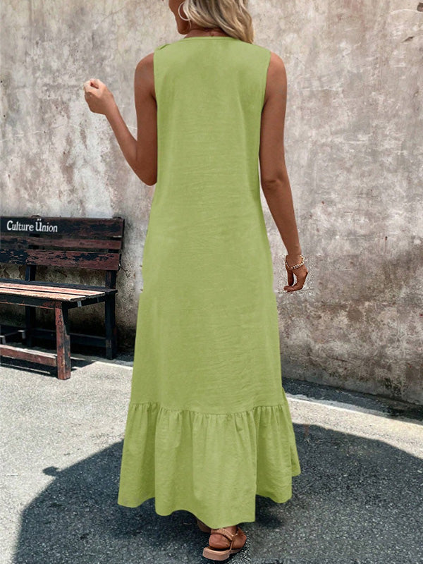 Ruffle Trim Solid Color V-Neck Maxi Dresses
