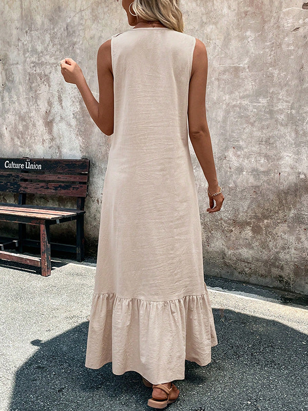 Ruffle Trim Solid Color V-Neck Maxi Dresses