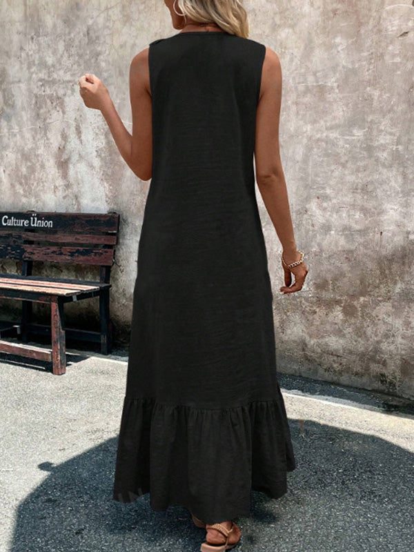 Ruffle Trim Solid Color V-Neck Maxi Dresses