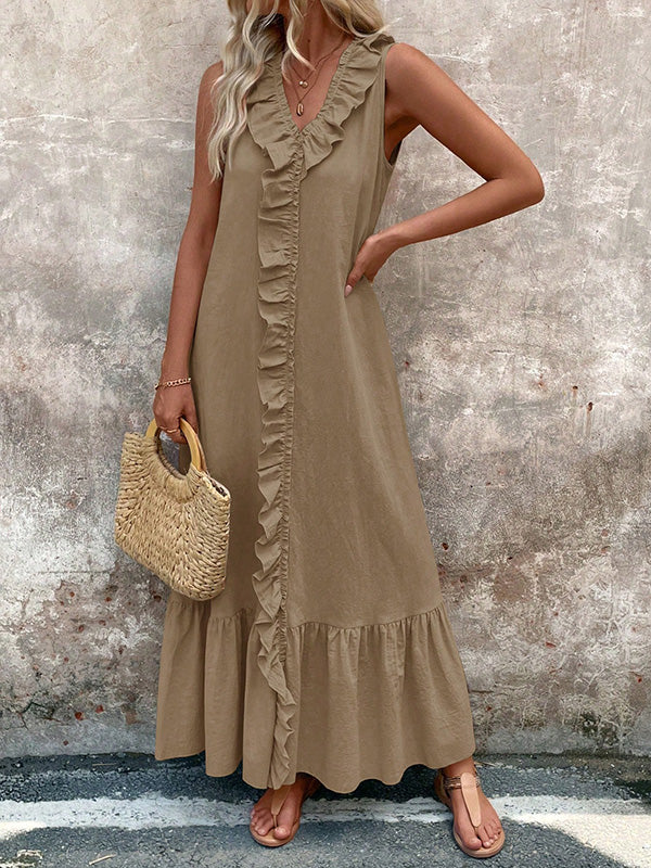 Ruffle Trim Solid Color V-Neck Maxi Dresses