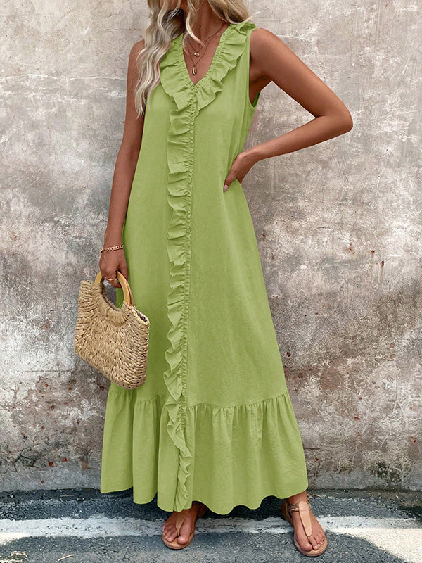 Ruffle Trim Solid Color V-Neck Maxi Dresses