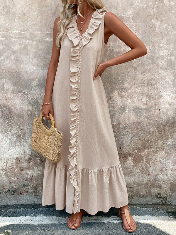 Ruffle Trim Solid Color V-Neck Maxi Dresses