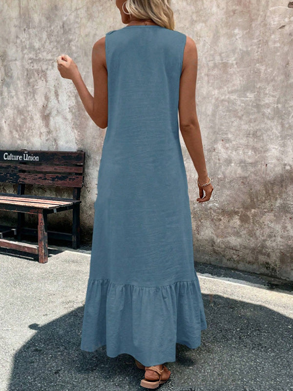 Ruffle Trim Solid Color V-Neck Maxi Dresses