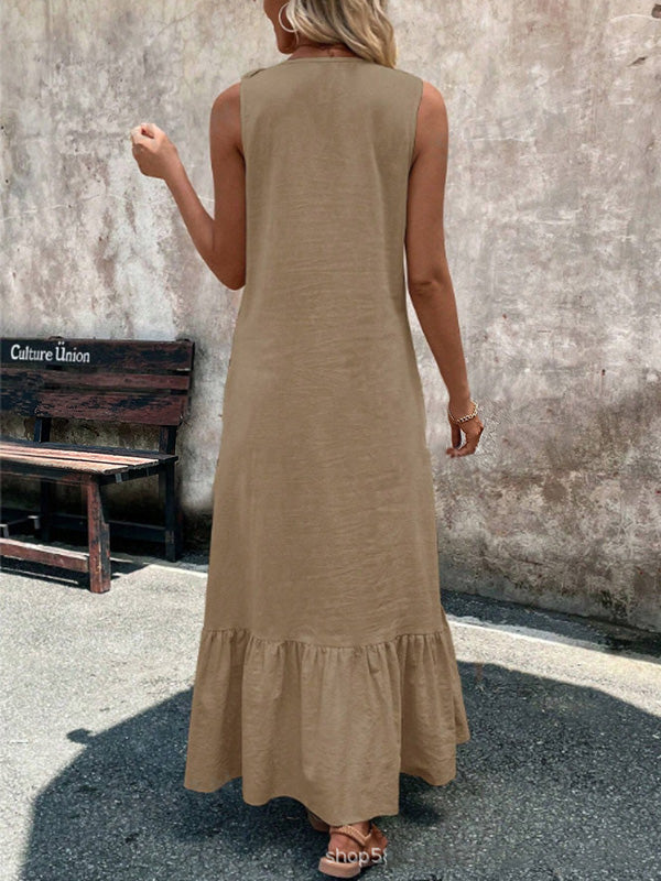 Ruffle Trim Solid Color V-Neck Maxi Dresses