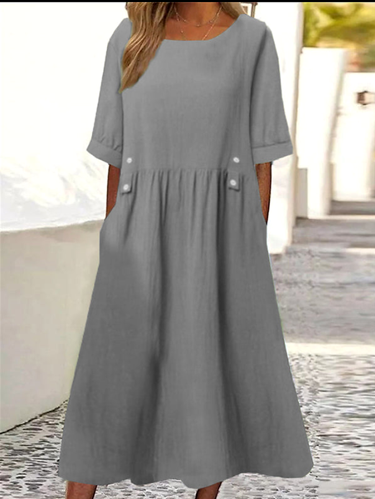 Loose Pleated Pockets Round-Neck Midi Dress