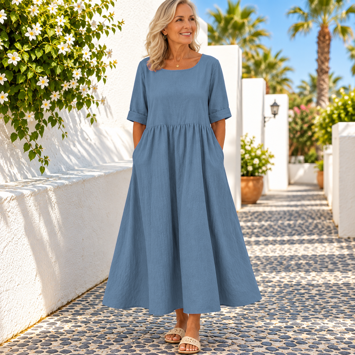 Half Sleeves Pleated Pockets Round-Neck Midi Dresses