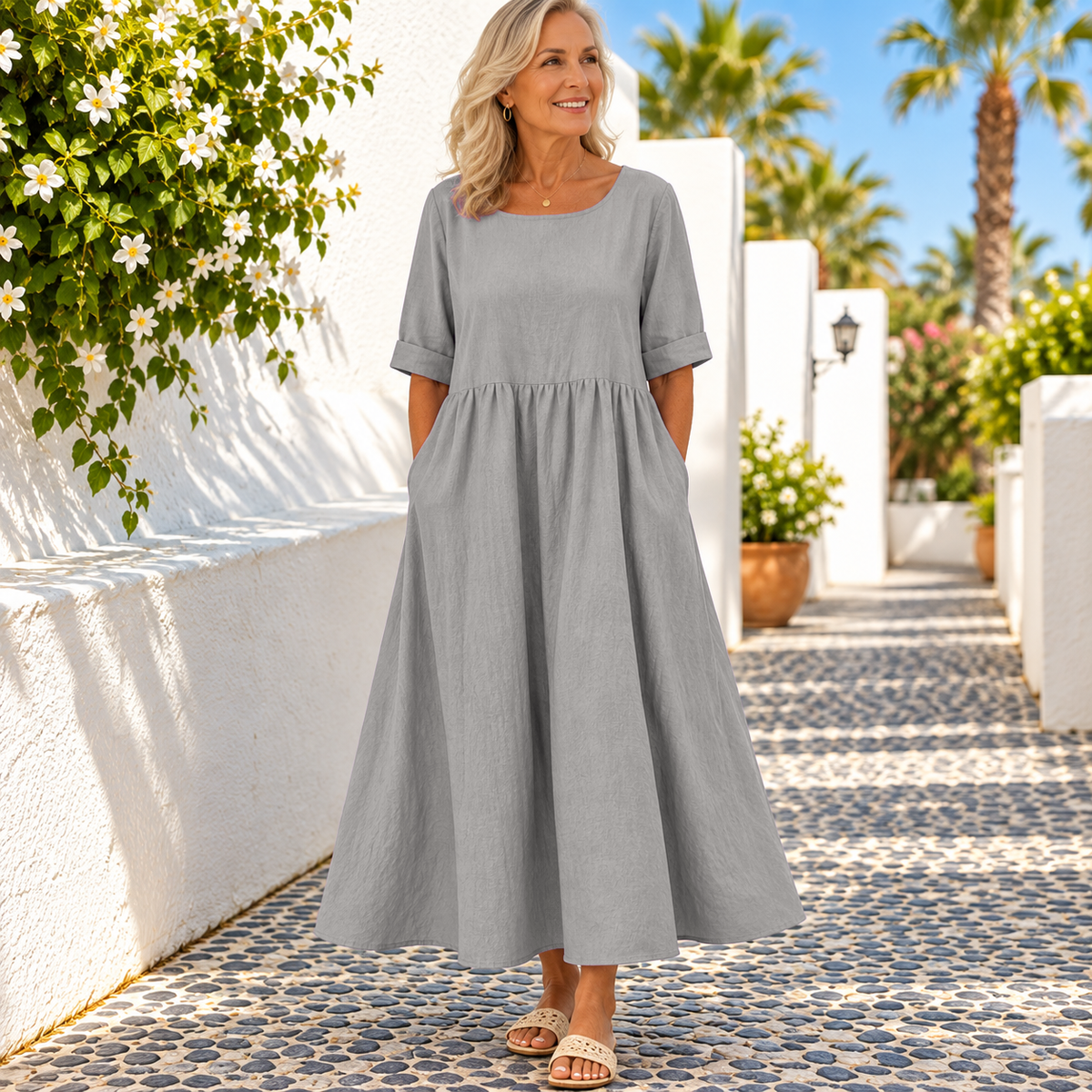 Half Sleeves Pleated Pockets Round-Neck Midi Dresses