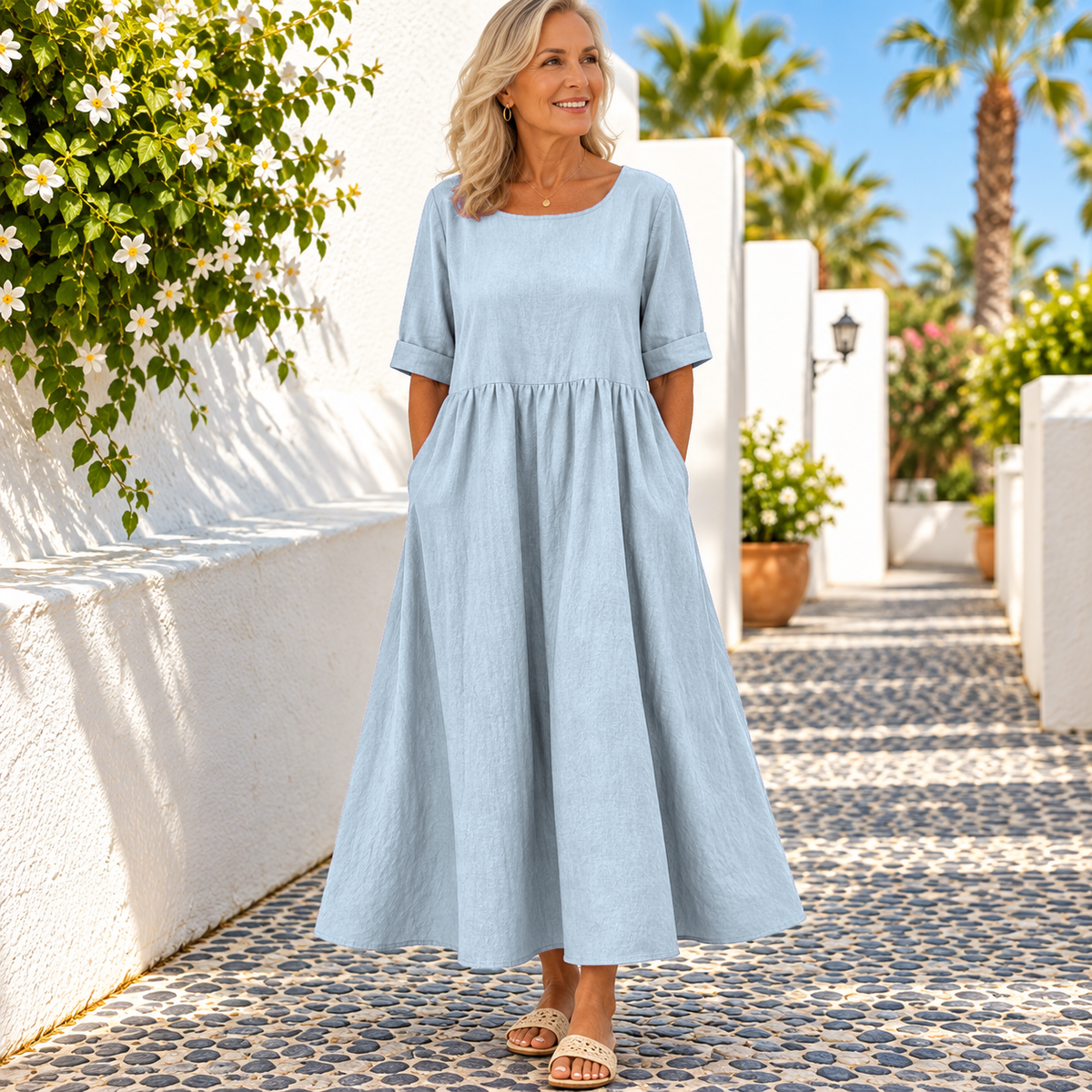 Half Sleeves Pleated Pockets Round-Neck Midi Dresses