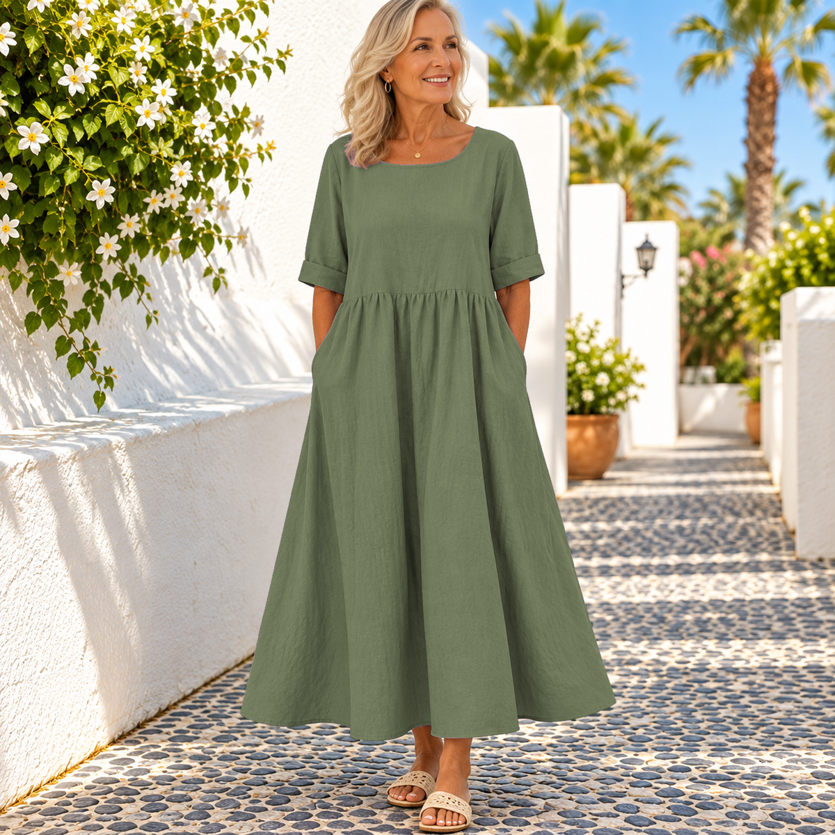 Half Sleeves Pleated Pockets Round-Neck Midi Dresses