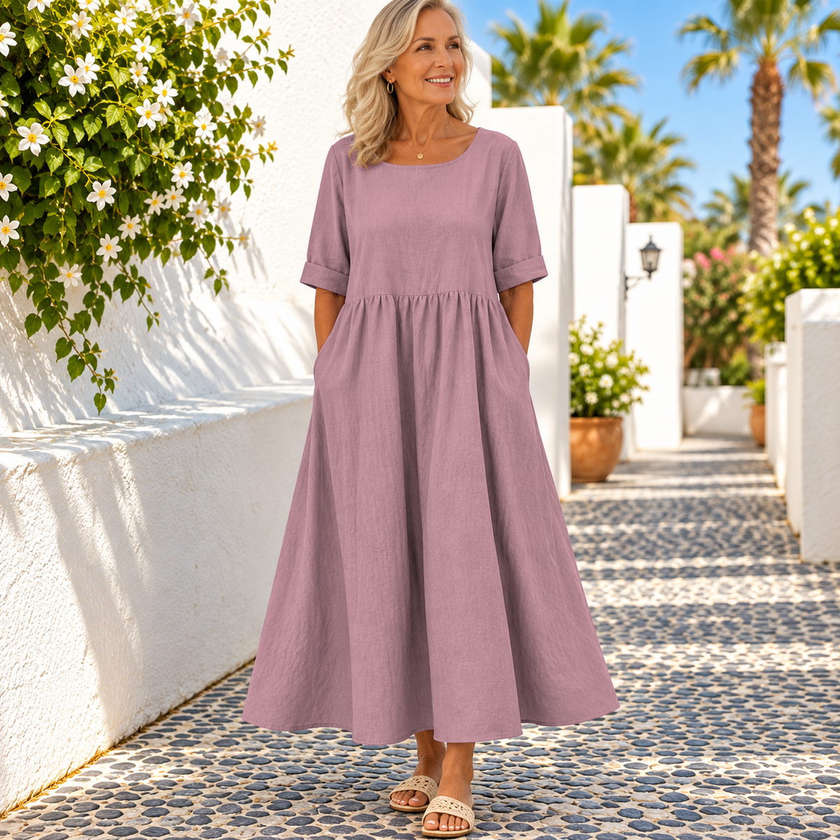 Half Sleeves Pleated Pockets Round-Neck Midi Dresses