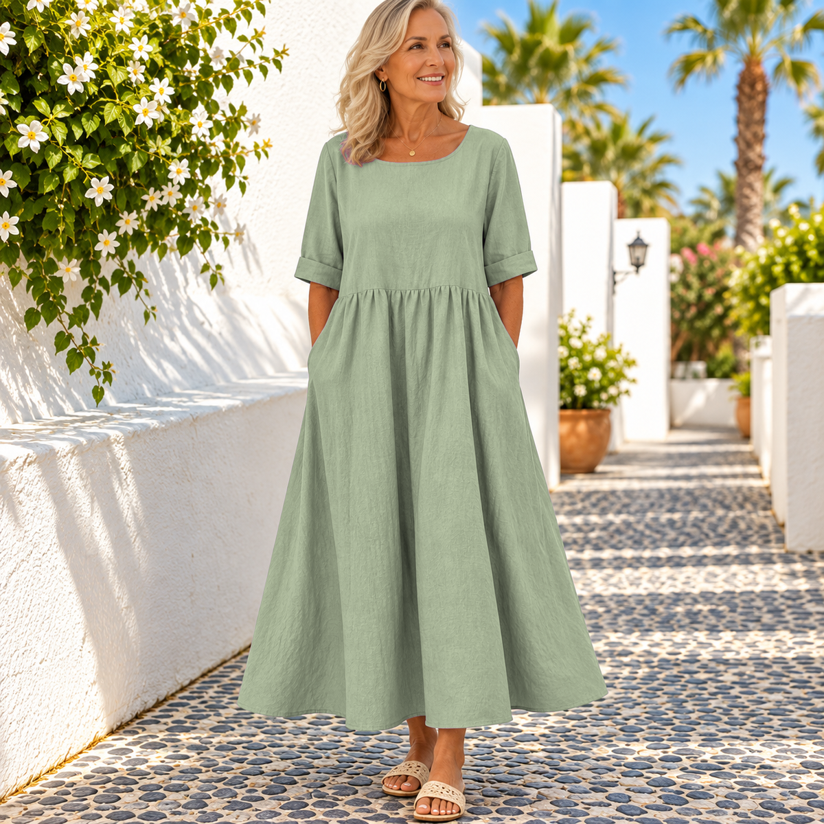 Half Sleeves Pleated Pockets Round-Neck Midi Dresses