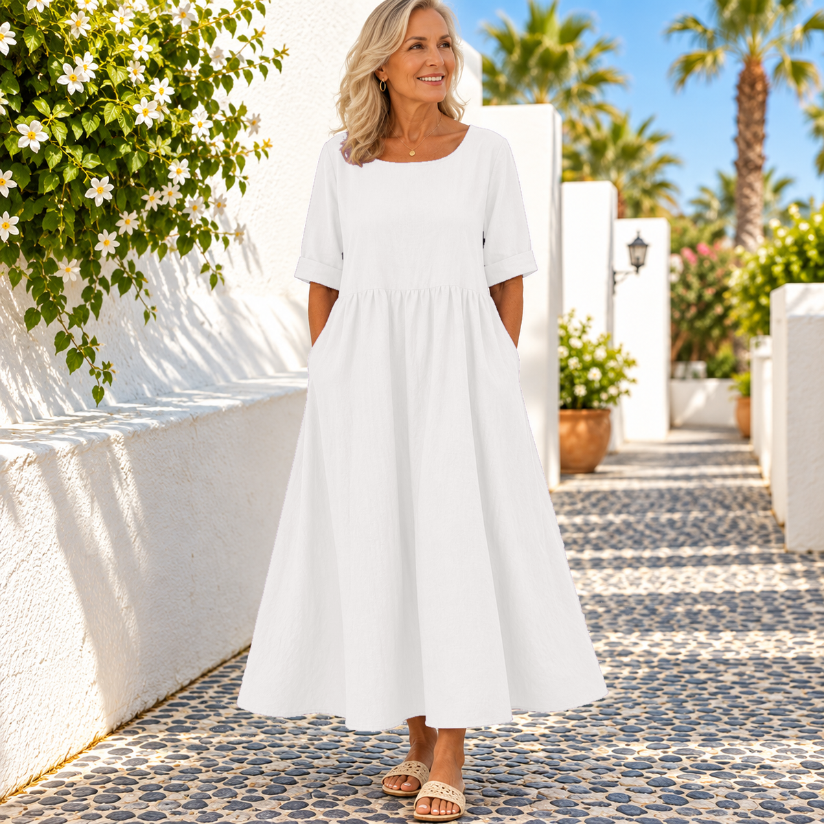 Half Sleeves Pleated Pockets Round-Neck Midi Dresses