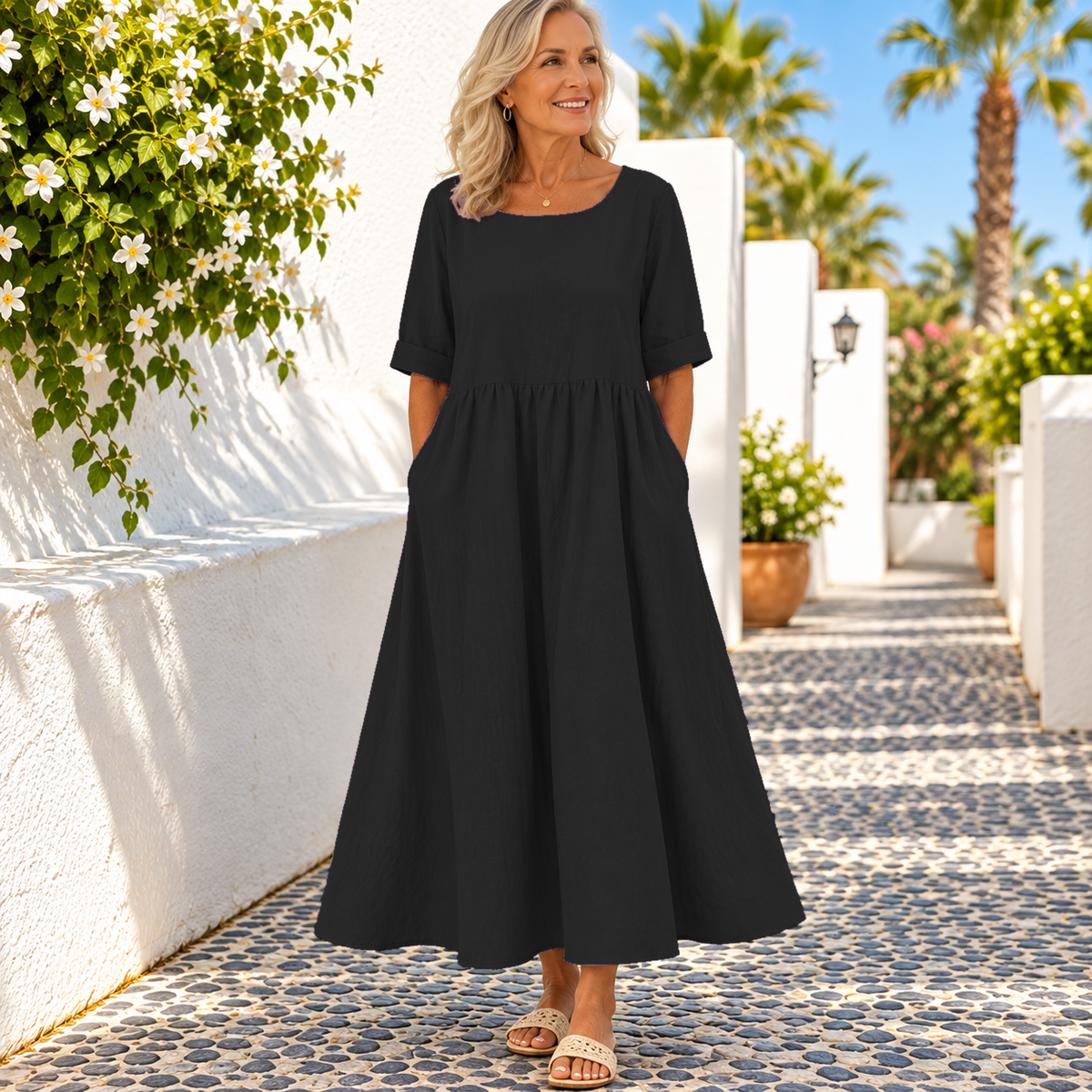 Half Sleeves Pleated Pockets Round-Neck Midi Dresses