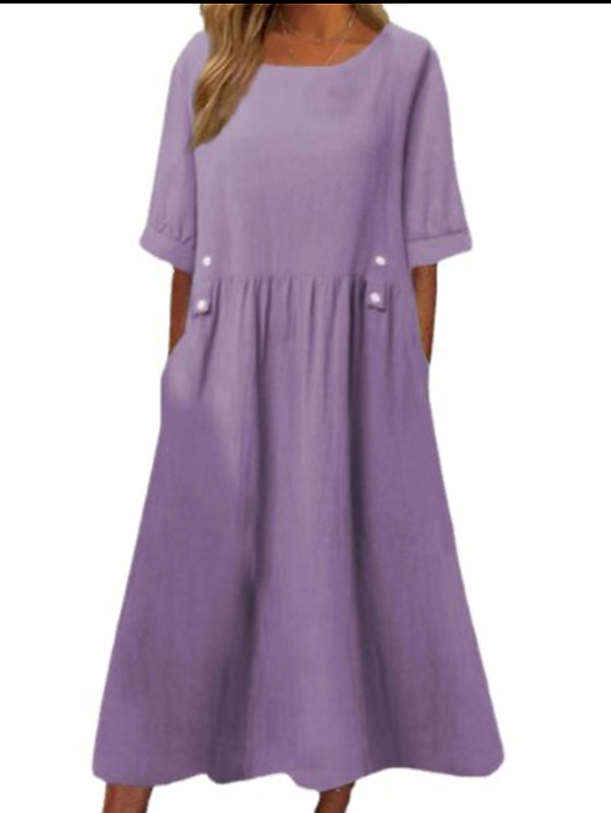 Loose Pleated Pockets Round-Neck Midi Dress