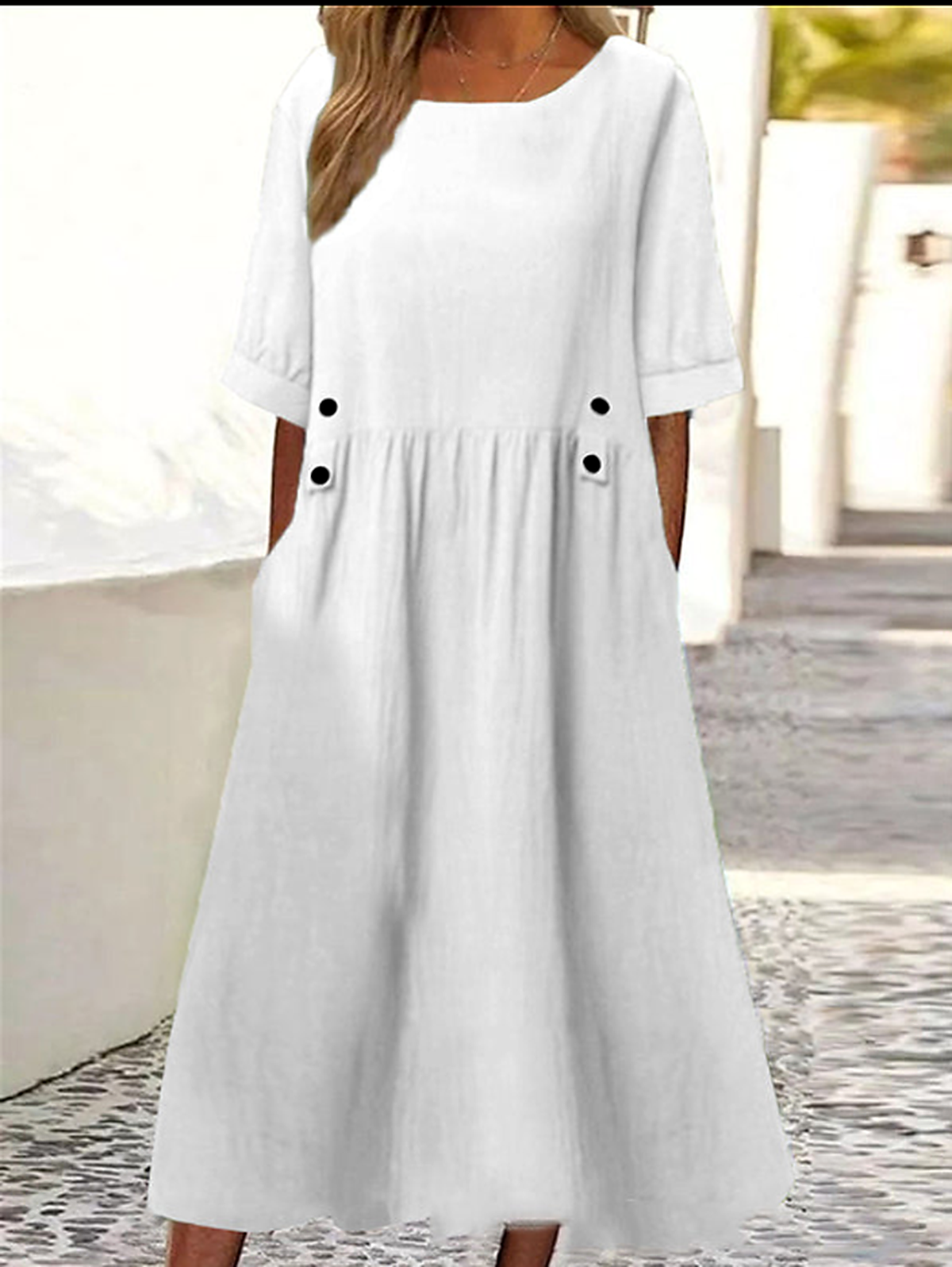Loose Pleated Pockets Round-Neck Midi Dress