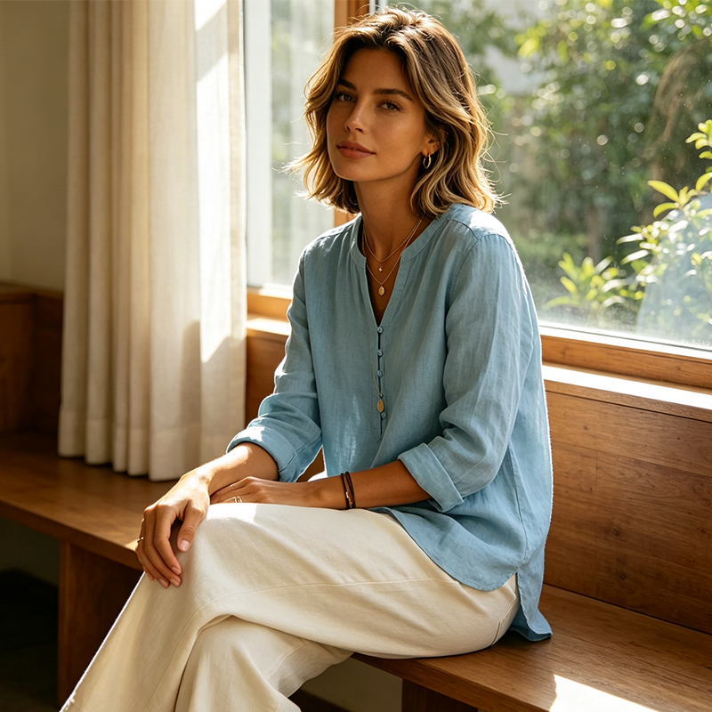 Culture® | Cotton And Linen Casual V Neck Button Up Long Sleeve Shirt