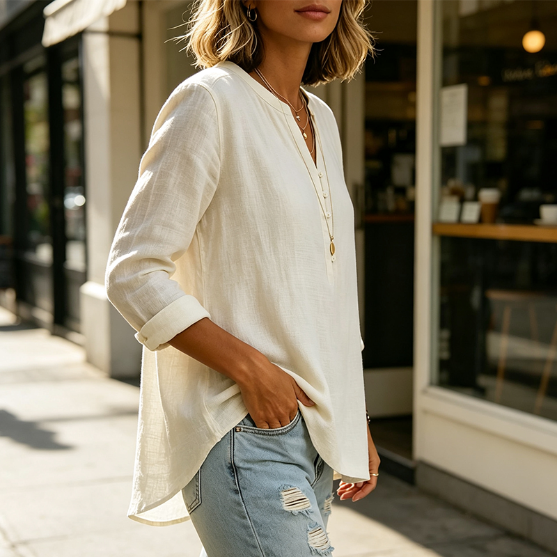 Culture® | Cotton And Linen Casual V Neck Button Up Long Sleeve Shirt