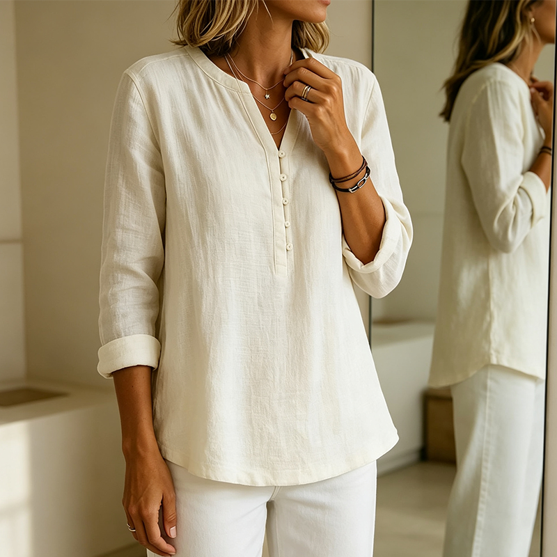 Culture® | Cotton And Linen Casual V Neck Button Up Long Sleeve Shirt