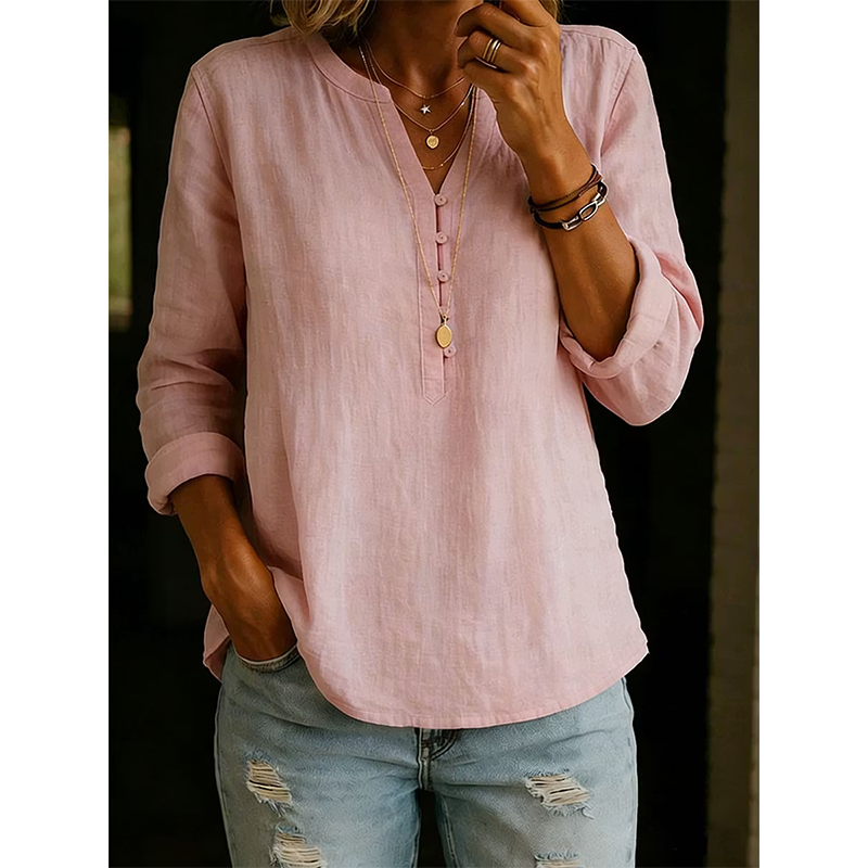 Culture® | Cotton And Linen Casual V Neck Button Up Long Sleeve Shirt