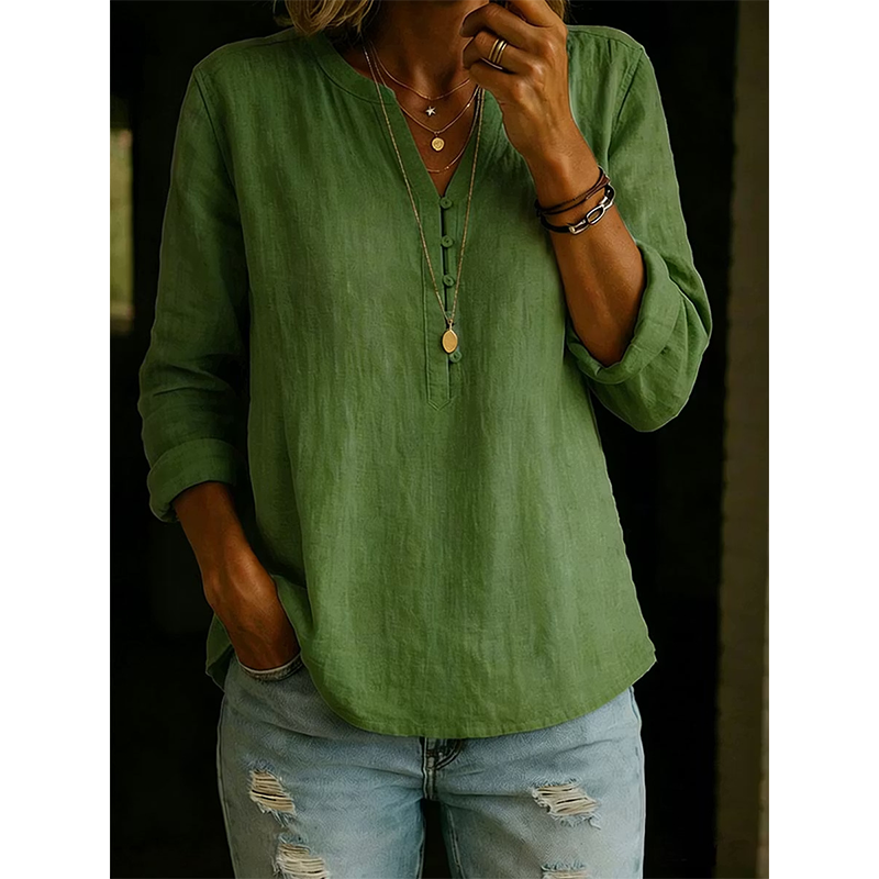 Culture® | Cotton And Linen Casual V Neck Button Up Long Sleeve Shirt