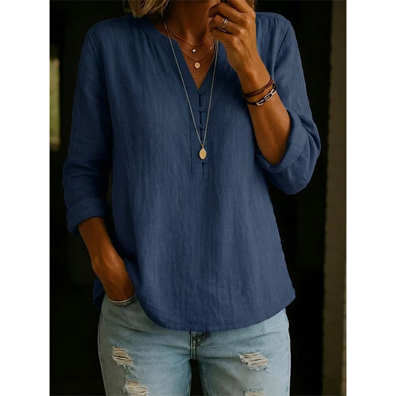 Culture® | Cotton And Linen Casual V Neck Button Up Long Sleeve Shirt