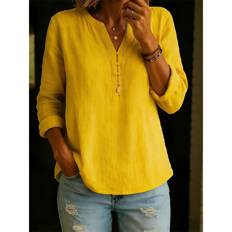 Culture® | Cotton And Linen Casual V Neck Button Up Long Sleeve Shirt