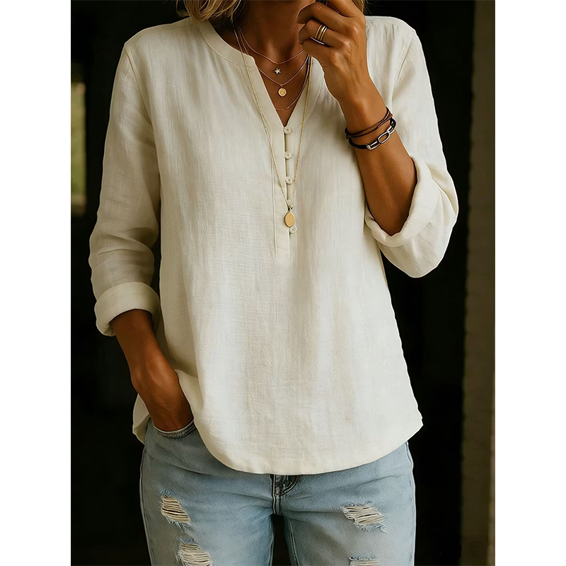 Culture® | Cotton And Linen Casual V Neck Button Up Long Sleeve Shirt