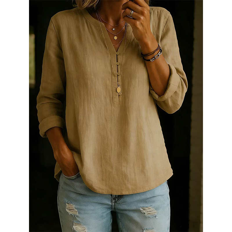 Culture® | Cotton And Linen Casual V Neck Button Up Long Sleeve Shirt