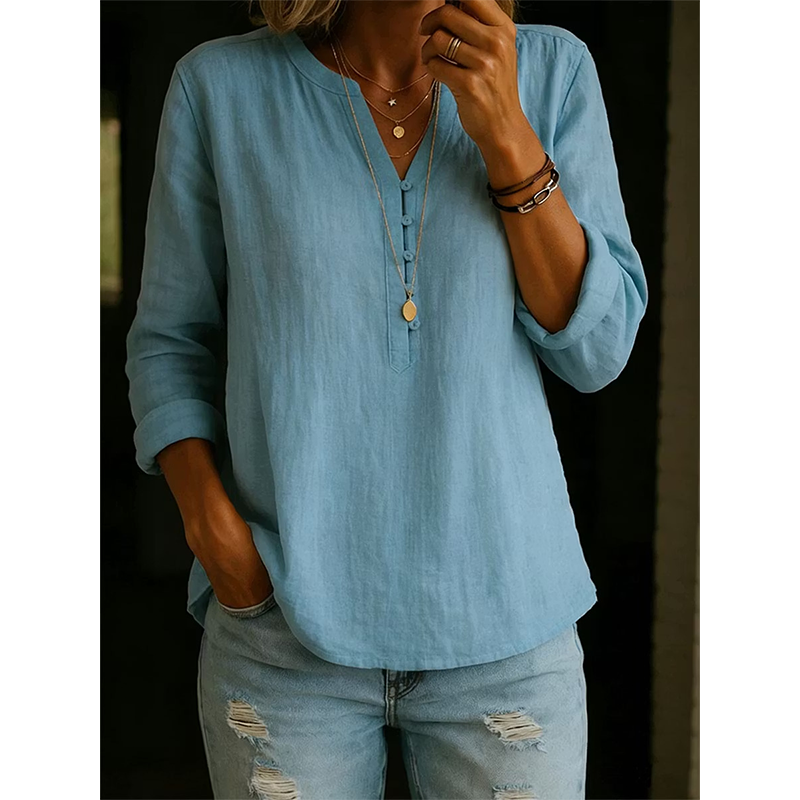 Culture® | Cotton And Linen Casual V Neck Button Up Long Sleeve Shirt