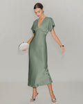 Culture® | Pleated V-Neck Satin Midi Dress