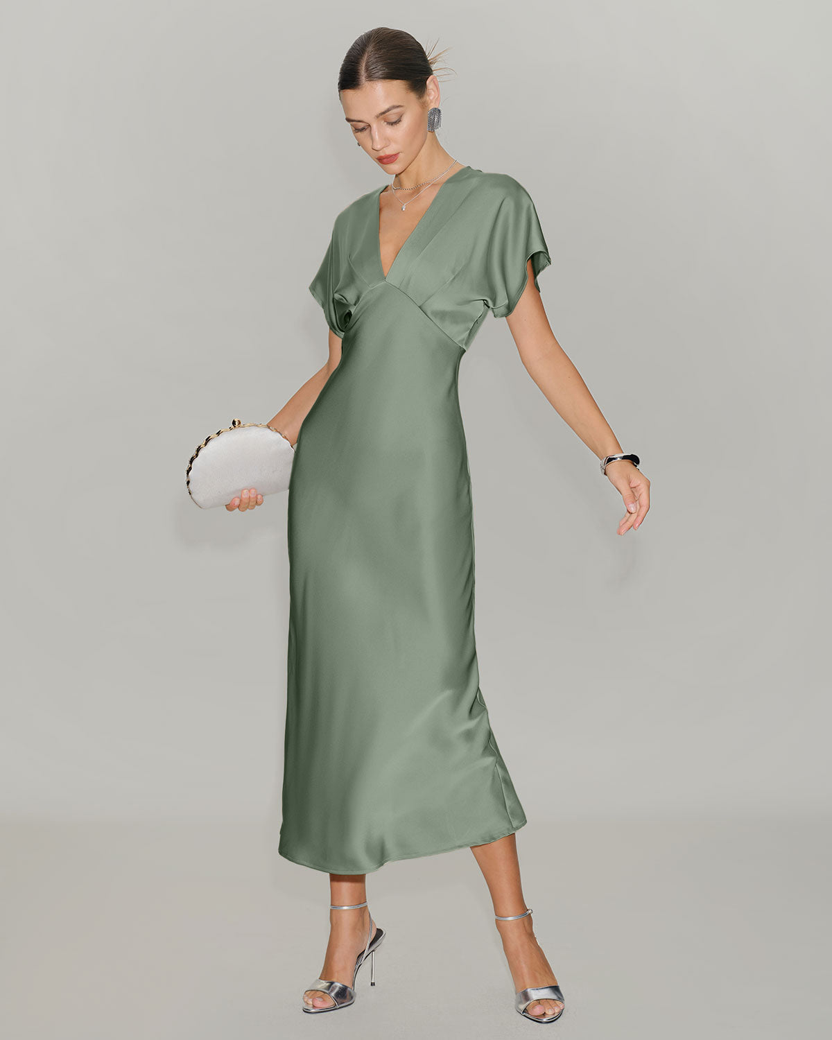Culture® | Pleated V-Neck Satin Midi Dress