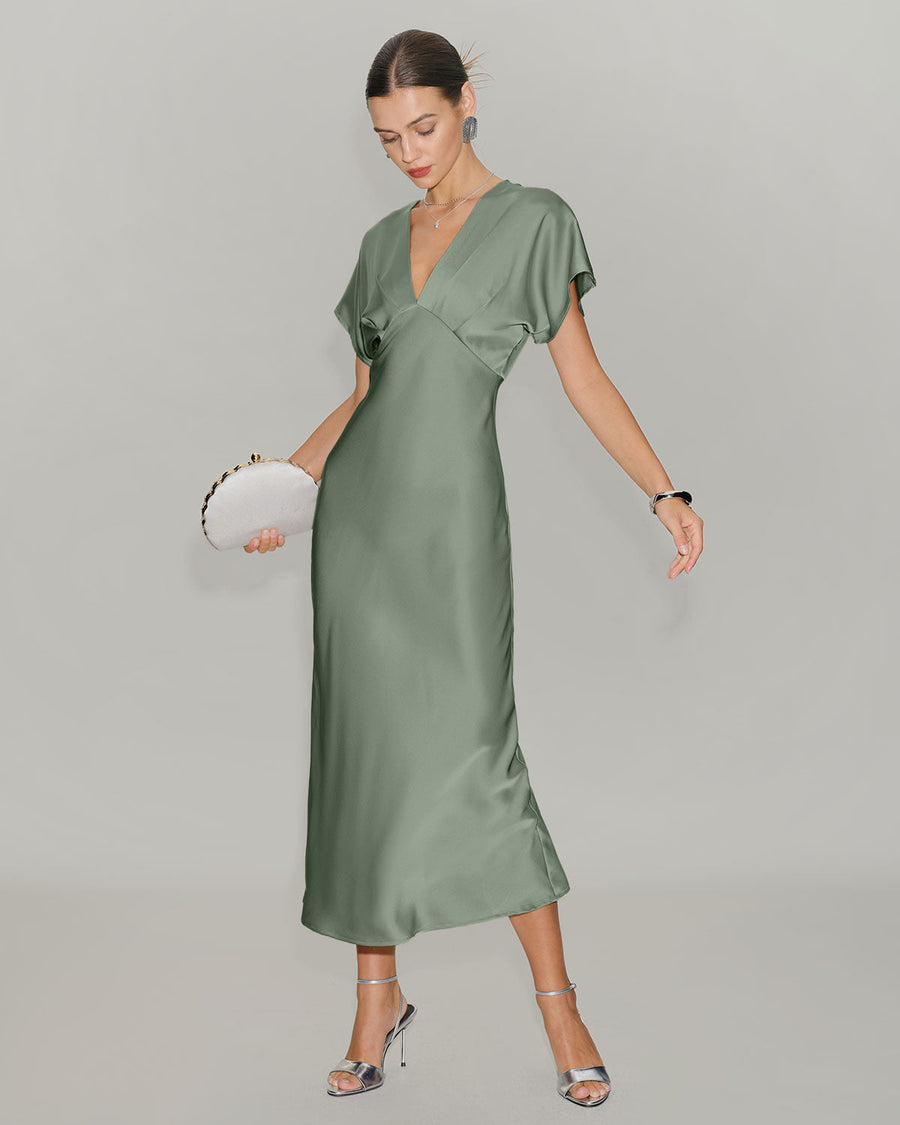 Culture® | Pleated V-Neck Satin Midi Dress