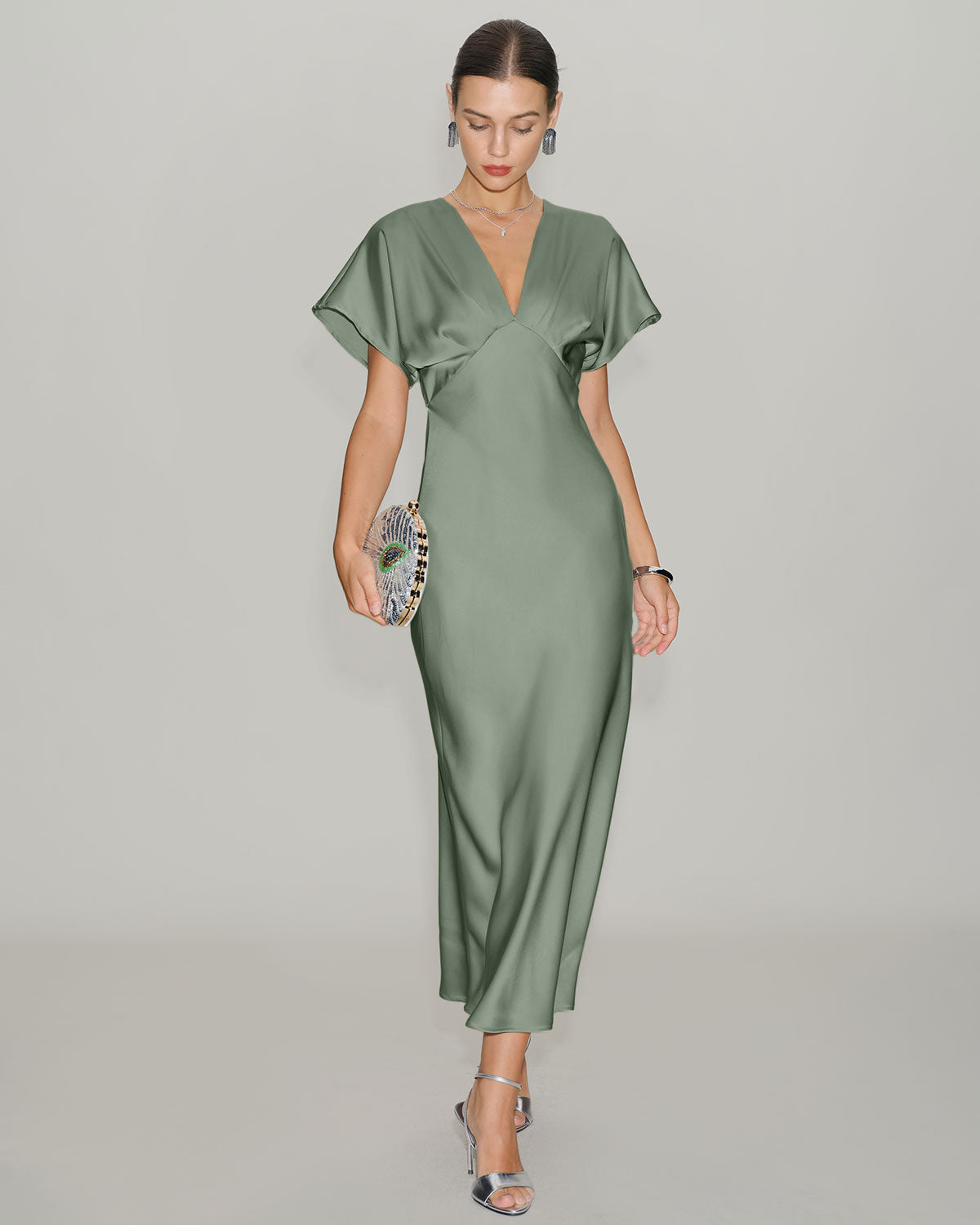 Culture® | Pleated V-Neck Satin Midi Dress