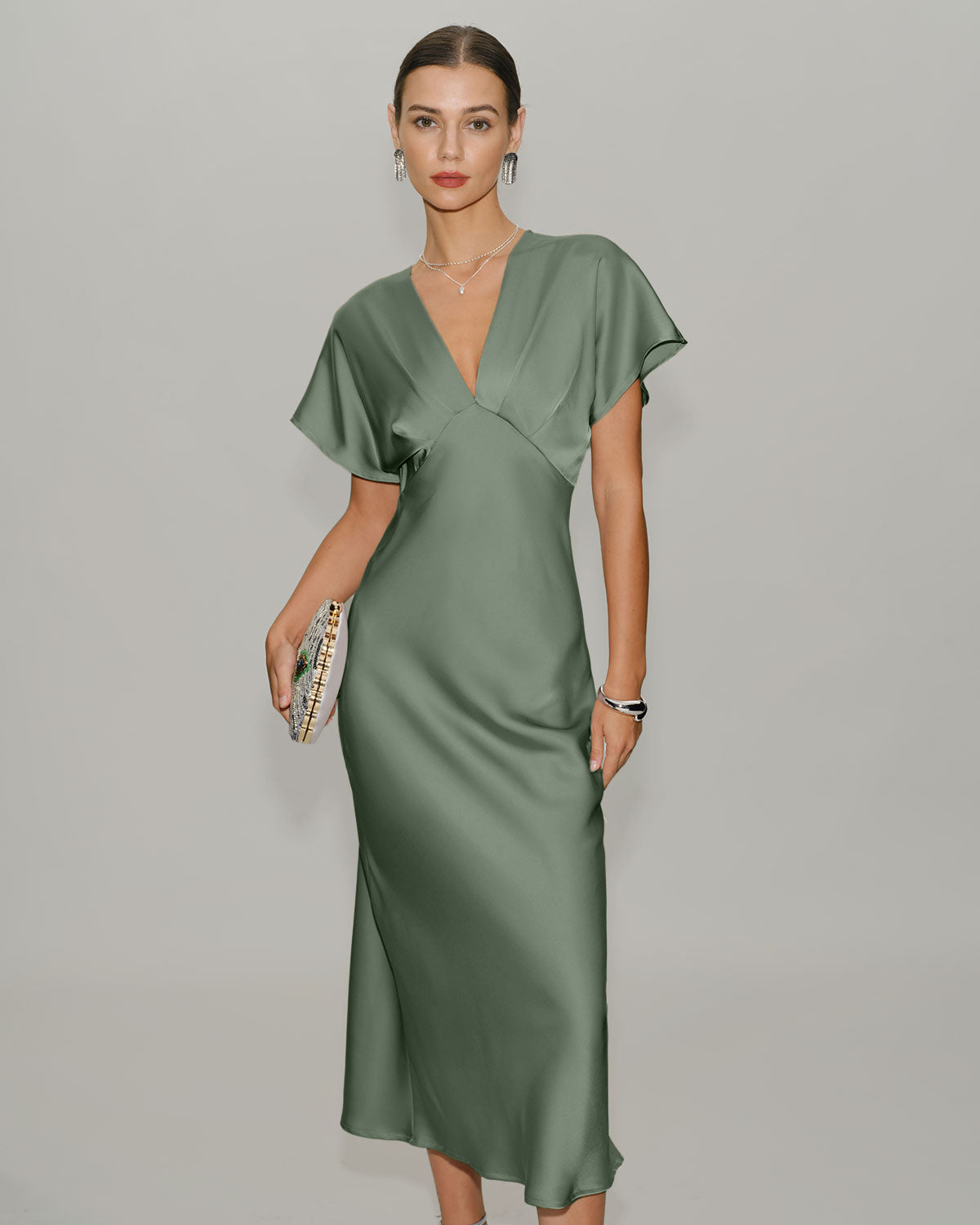 Culture® | Pleated V-Neck Satin Midi Dress
