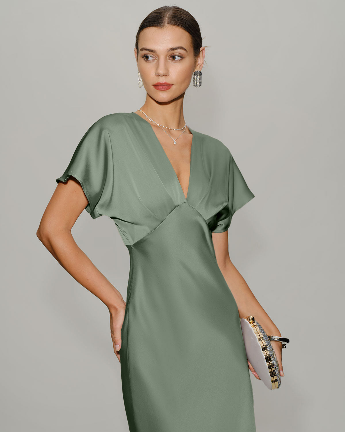 Culture® | Pleated V-Neck Satin Midi Dress